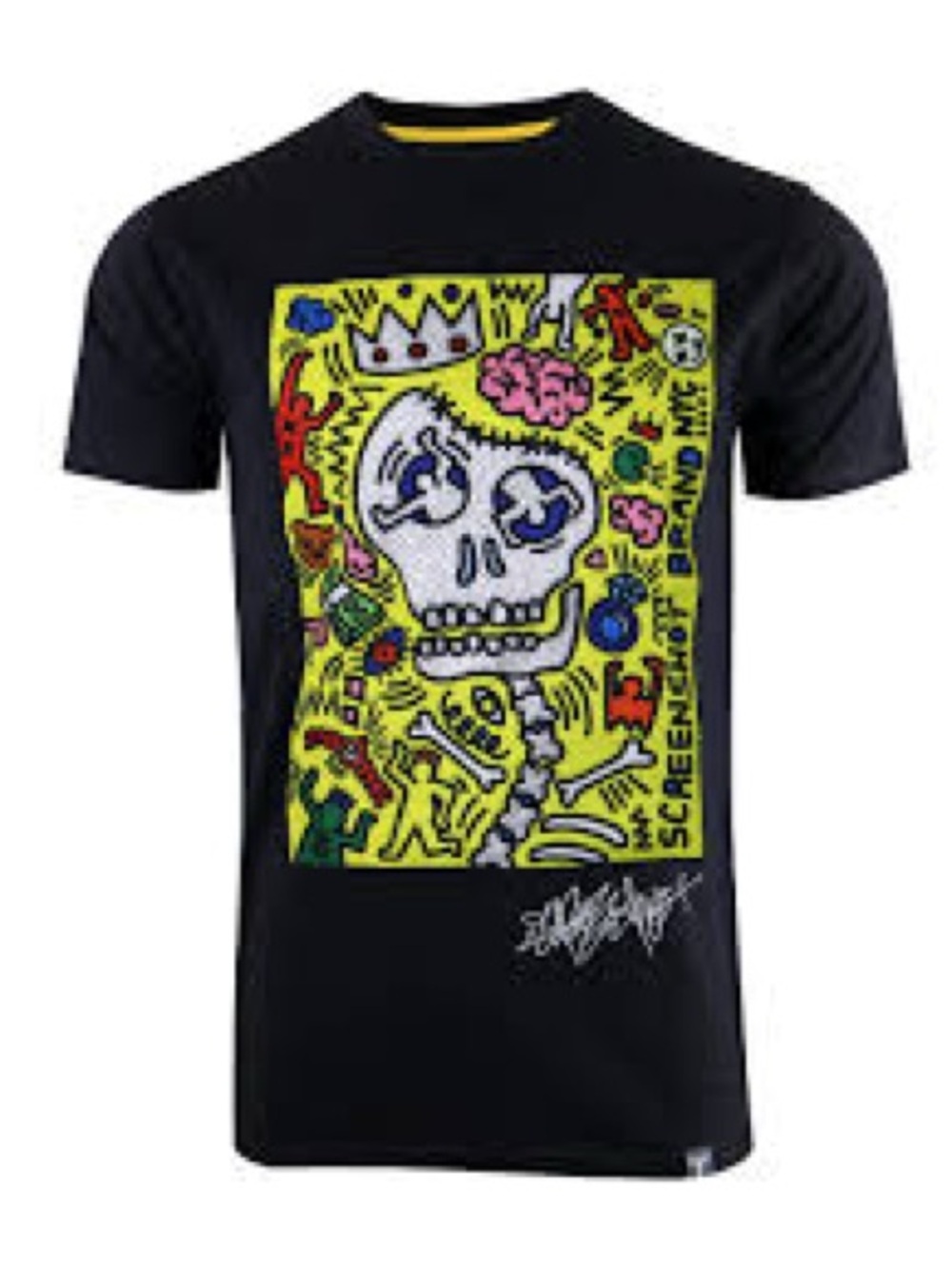 NWOT Black Short-Sleeve Graphic Skull Tee with Yellow Pop Art Panel size 2XL